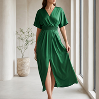 Robe longue d'été pour femme, col en V, taille naturelle, manches courtes, unie, fendue, tissée, élégante, usage quotidien, fabrication OEM ODM, fournisseur
