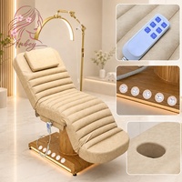 Lit de beauté de luxe à 3 moteurs, blanc riz, avec base en acier inoxydable doré, commande au pied et éclairage LED pour salon de beauté