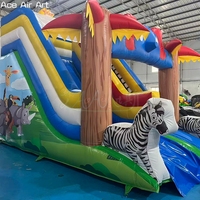 Toboggan gonflable à thème jungle (éléphant, zèbre, girafe) avec piliers à motif bois pour jardin, location et événements