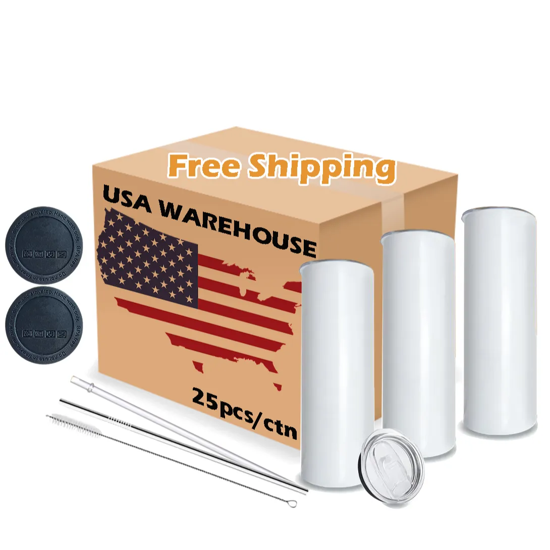 USA Warehouse 20oz Skinny White Straight Sublimation Blanks Stainless Steel Tumblers With Straws