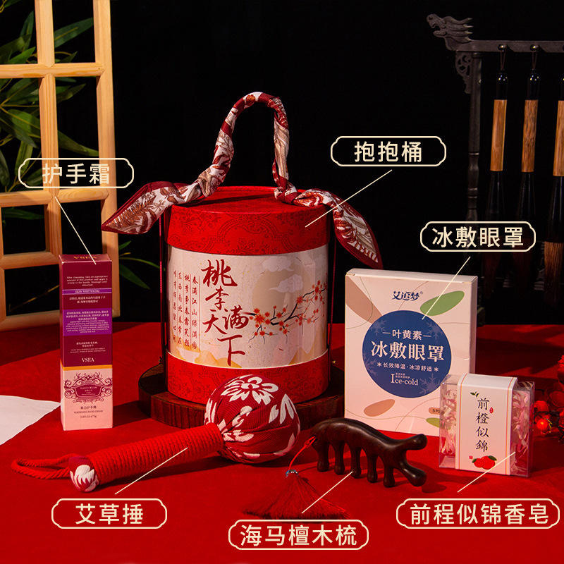 Mugwort hammer hand cream, sandalwood comb, ice pack eye mask, soap, and cuddly bucket.