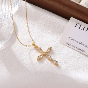 Religious Jewelry Stainless Steel Anti-Tarnish silver & gold cubic zirconia cross pendant necklaces for women - Product Image 2