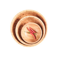 Vente en gros de bols de service en bois de bambou sculpté biologique, ensemble de vaisselle avec logo personnalisé, bol profond pour pâtes, fruits, restauration écologique