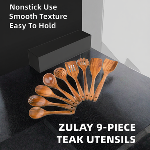 Juego de Utensilios de Cocina <span class=keywords><strong>Zulay</strong></span> de 9 Piezas de Madera de Teca con Acabado Liso Antiadherente y Agarre Cómodo - Juego de Regalo de Cocina de Teca Natural - Product Image 2