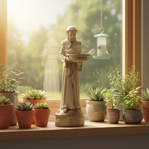 Estatua de San Francisco Hecha a Mano en Resina con Baño para Pájaros, Decoración Religiosa para Jardín, Forma Personalizada, Modelada a Mano para Uso en Interiores y Exteriores - Product Image 1