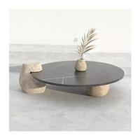 Table basse de jardin moderne en pierre de rivière ronde SH STONE, plateau en marbre noir Nero Marquina, noir, pour meubles de salon