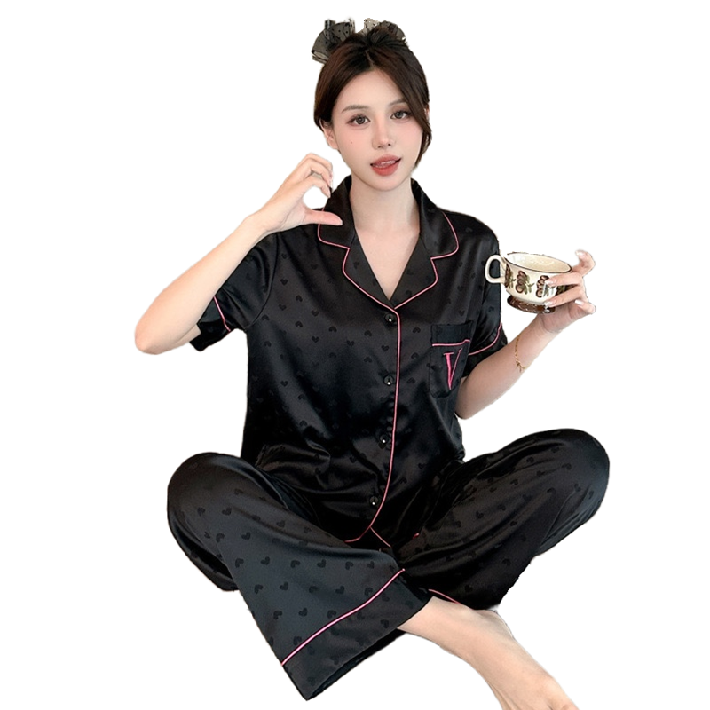 Women's Satin Pajamas Set - Button-Down Shirt & Shorts With Pockets, Black Small - View #10