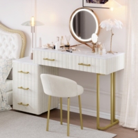 Coiffeuse rembourrée en velours avec 5 grands tiroirs Table de maquillage avec autocollant aspect marbre Coiffeuse réglable gauche/droite