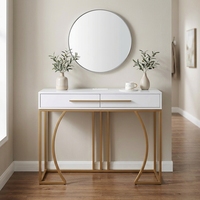 Table console contemporaine en MDF avec plateau en bois et étagère de rangement, finition métallique dorée, pour salon et appartement (vente en gros)