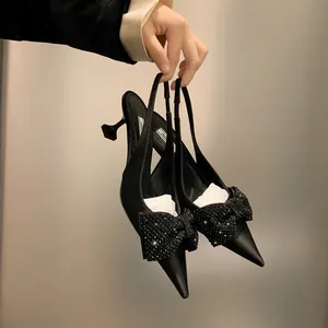 Salto alto elegante com laço de diamante, calçado feminino com design sexy preto de cetim, fino, 2023