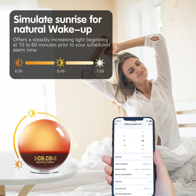 Wake Light Sunrise Alarm Clock Smart WiFi USB App-Controlled Bedside Lamp Natural Sounds FM Radio Plastic 1 Year OEM ODM