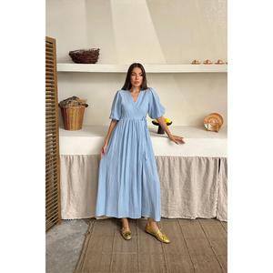 Robe longue en mousseline bleu ciel pour bébé, col rond, coupe trapèze, taille naturelle, respirante, décontractée, pour usage quotidien, en tissu tissé, vente en gros - Product Image 3