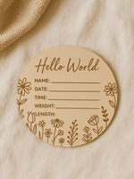Panneau d'annonce de naissance en bois « Hello World » - Tableau de données de naissance pour nouveau-né de 5 pouces avec gravure florale, accessoire photo pour chambre d'enfant