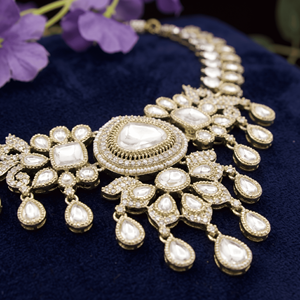 Kundan Moissanite Statement Necklace Set Matching Earrings Maang Tikka Brass Antique Gold Plated <b>Indian</b> Designer Ethnic Wedding - Product Image 3