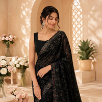 Sari en soie noire élégant avec broderie florale pour femme, tenue de mariage, style ethnique indien pakistanais, longueur ras du sol, taille standard