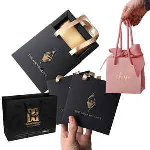 Wholesale custom printed on own logo clothing black high glossy laminated sliding draw gift paper bags for cosmetic shopping