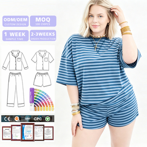 Ensemble décontracté et tendance pour femme : short et haut tricoté à col rond, coupe oversize, à rayures, manches courtes, idéal pour l'été et le sport - Product Image 1