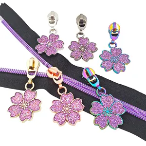 Wholesale personalized colorful cherry blossoms #5 zipper pulls metal zipper puller for handbag