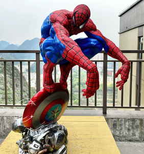 Statue d'artiste en résine peinte à la main <span class=keywords><strong>Spider</strong></span>-<span class=keywords><strong>Man</strong></span> <span class=keywords><strong>Marvel</strong></span> en position accroupie avec bouclier, base de 86 cm, taille réelle, figurine de collection de dessin animé pour la maison - Product Image 1