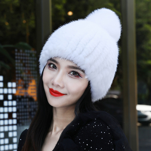 Chapeau de fourrure en peluche d'hiver 2024 pour femmes avec de vrais pompons en fourrure de vison et de renard tricotés à usage professionnel élastique fort - Product Image 6