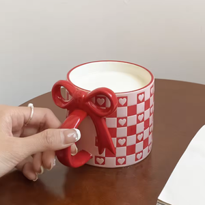 Creative Bow Handle Heart Ceramic Mug with Checkerboard Pattern for Home Decoration and Business Gifts - Product Image 3