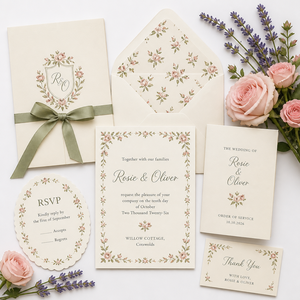 Invitación de Boda Estilo Jardín Inglés, Cottage Rose, Bird Bath, Campestre, Clásico, Personalizado, Artesanal - Product Image 1