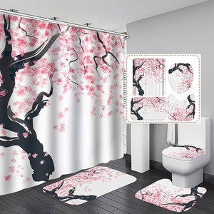 Set da bagno con paesaggi di fiori rosa di ciliegio primaverile Set di tende da doccia 4 pezzi con tappeti da bagno - Product Image 2