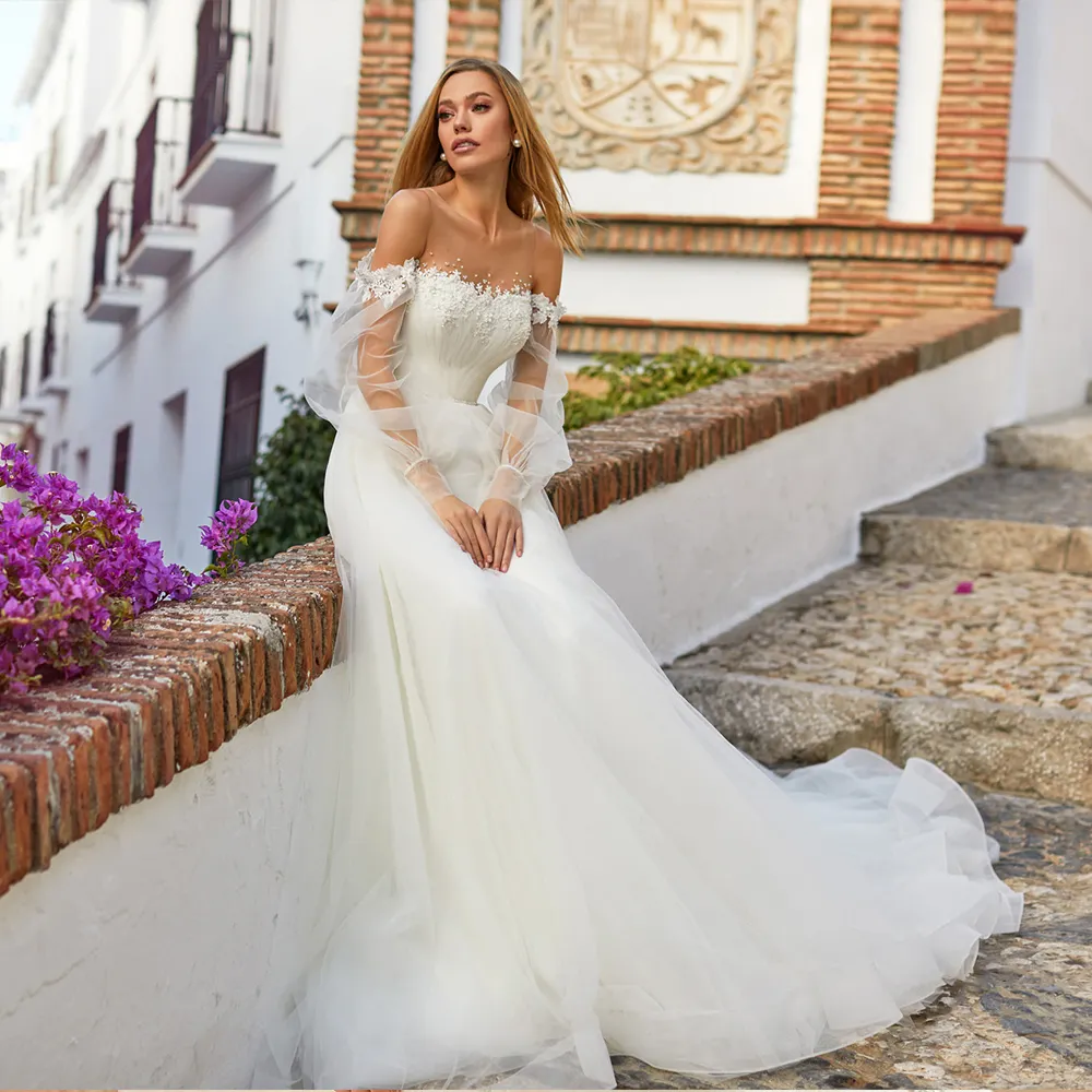 New Arrivals Long Sleeve Buttons Up Back Beading Appliques Elegant Beach Wedding Dresses Vestidos De Novia Praia