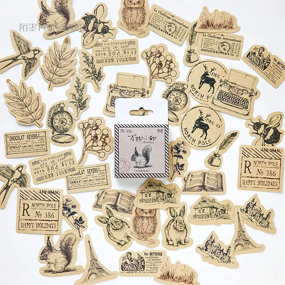 Small Forest Signet Stickers 46PCS Boxed Decoration Vintage Style Stickers for Laptop Scrapbooking Suitcase
