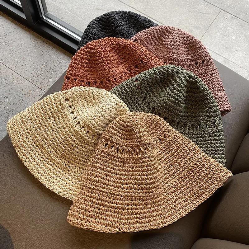 fashion Paper Straw Crochet Cloche Hat Straw Bucket Hat for Women Lady Summer Beach Sun Protection Travels Casual hat