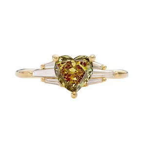 Fancy 18K Gold Heart and Tapered Baguette Cut Diamond Engagement 925 Sterling Silver Ring