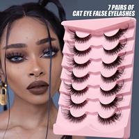 7 paires de faux cils en vison naturel, courbure D, effet œil de chat, style œil de renard, volumineux et légers, avec étui