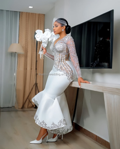 <span class=keywords><strong>Robe</strong></span> <span class=keywords><strong>de</strong></span> mariée personnalisée, nouveau style, <span class=keywords><strong>luxe</strong></span>, <span class=keywords><strong>blanche</strong></span>, à paillettes, longueur genoux, col en V profond, dentelle, manches longues, satin - Product Image 2