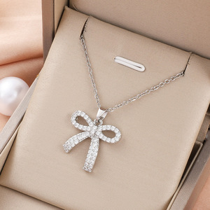 Collana in acciaio inossidabile 18ct semplice <span class=keywords><strong>e</strong></span> alla moda con collana con fiocco dolce <span class=keywords><strong>e</strong></span> adorabile in zirconia - Product Image 2