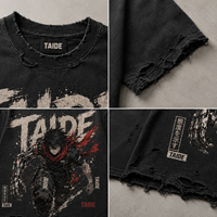 T-shirt en coton 280 GSM certifié BSCI TaiDe, délavé à l'acide, motif Cyber Anime Mecha, effet vieilli prononcé, logo personnalisé, OEM ODM, vente en gros pour hommes