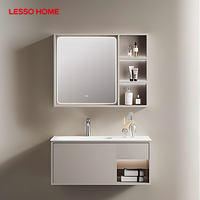 Lesso Home Modern Grey Melamine Wood Wall-Mounted Floating Bathroom Vanity Cabinet Set Frameless Mirror Ceramic Basin Waterproof
