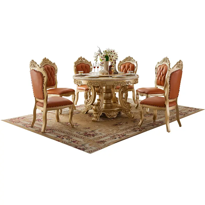 Modern Design High-End Champagne Gouden Antieke Eetkamer Sets Echt Lederen Eetstoel En Tafel