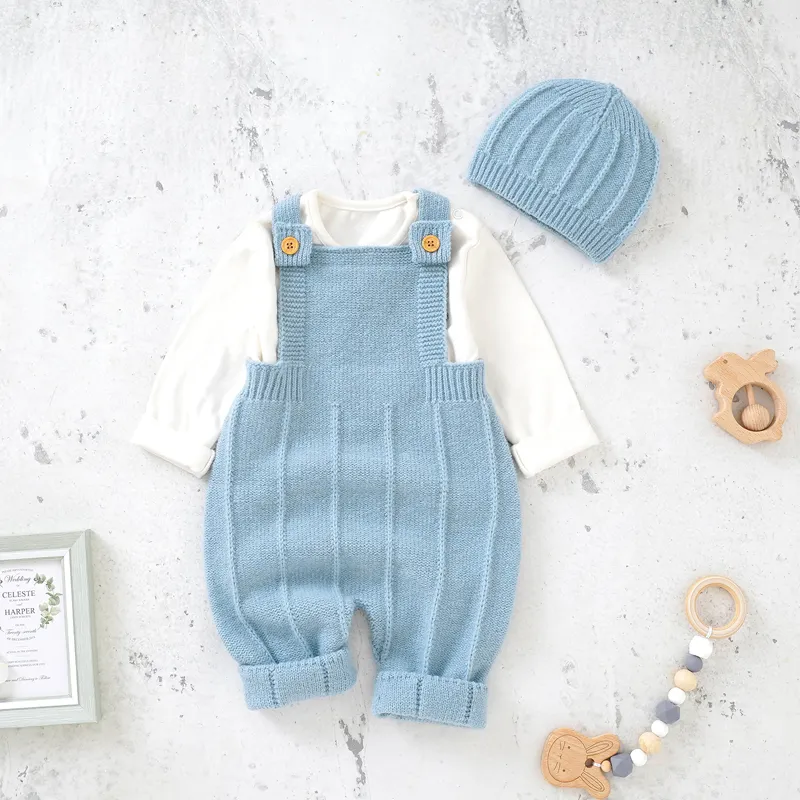 아기 의류 세트 신생아 세로 줄무늬 패턴 단색 니트 아기 장난 꾸러기 세트 모자
