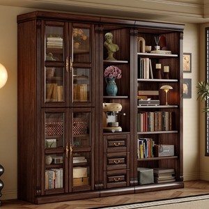 Bibliothèque de style américain antique en bois de noyer massif avec porte en verre et rangement à tiroirs pour salon ou bibliothèque à domicile - Product Image 1