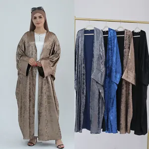 Nieuwste Ontwerp Islamitische Arabische Glanzende Polyester Effen Kleur Open Abaya Met Lange Mouwen Vrouwen Moslim Abaya Jurken