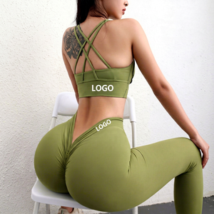 Ensemble de yoga uni pour femme, legging taille haute et crop top à bretelles croisées, froncé aux fesses, sans couture, en Spandex et Polyester, 2 pièces, tenue d'entraînement - Product Image 1