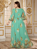 Robe de soirée élégante en mousseline de soie, grande taille, coupe aléatoire, imprimé floral, col cœur, manches longues lanternes, plissée, coupe trapèze, longueur maxi