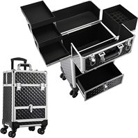 Trousse de Maquillage et Manucure Pliable Multi-Niveaux en Aluminium Noir avec Poignée Souple et Grande Ouverture – Boîte de Rangement Trolley pour Cosmétiques