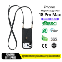 Étui portefeuille en cuir de vachette grainé avec bouton-pression doré, bandoulière détachable et porte-cartes pour iPhone 17 18 Pro Max