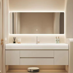 Armadietto da bagno moderno in stile crema da 120cm con specchio a LED multifunzionale e Design a bacinella integrato in Corian - Product Image 1
