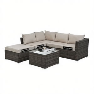 Ensemble de meubles de patio en rotin PE gris foncé 4 pièces avec table basse en verre trempé et sièges rembourrés pour l'extérieur - Product Image 1