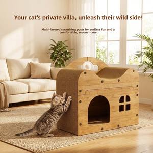 Maison pour chat en carton avec structure en bois, arbre à chat avec griffoir en carton ondulé pour jouer et se reposer en intérieur - Product Image 4