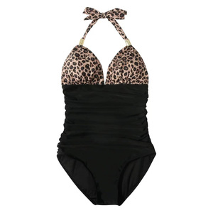 Maillots de bain sexy personnalisés pour femmes, grande taille, style licou, imprimé léopard, une pièce avec passepoil, tenue de plage - Product Image 2