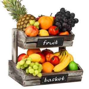 Cesta rústica de madeira 2 tier, cesta de frutas com placas giz, vegetais e produtos, suporte de exibição, caixa de madeira