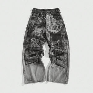 Yüksek kaliteli çevre dostu erkek sonbahar kot gevşek Fit Denim pantolon düğme detay % 100% pamuk yıkanmış soluk Vintage sıkıntılı - Product Image 1